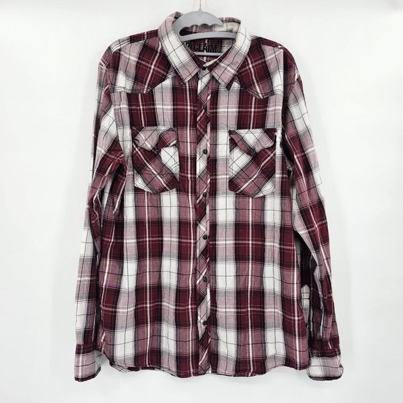 ReClaim Standard Large Pearl Snap Long Sleeve Shirt Double Pocket Burgundy Plaid - Picture 2 of 8
